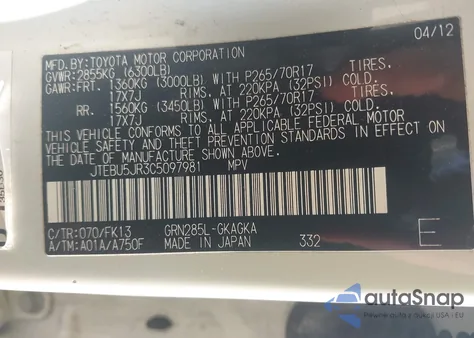 2012 Toyota 4Runner Sr5 from USA, damaged, VIN JTEBU5JR3C5097981